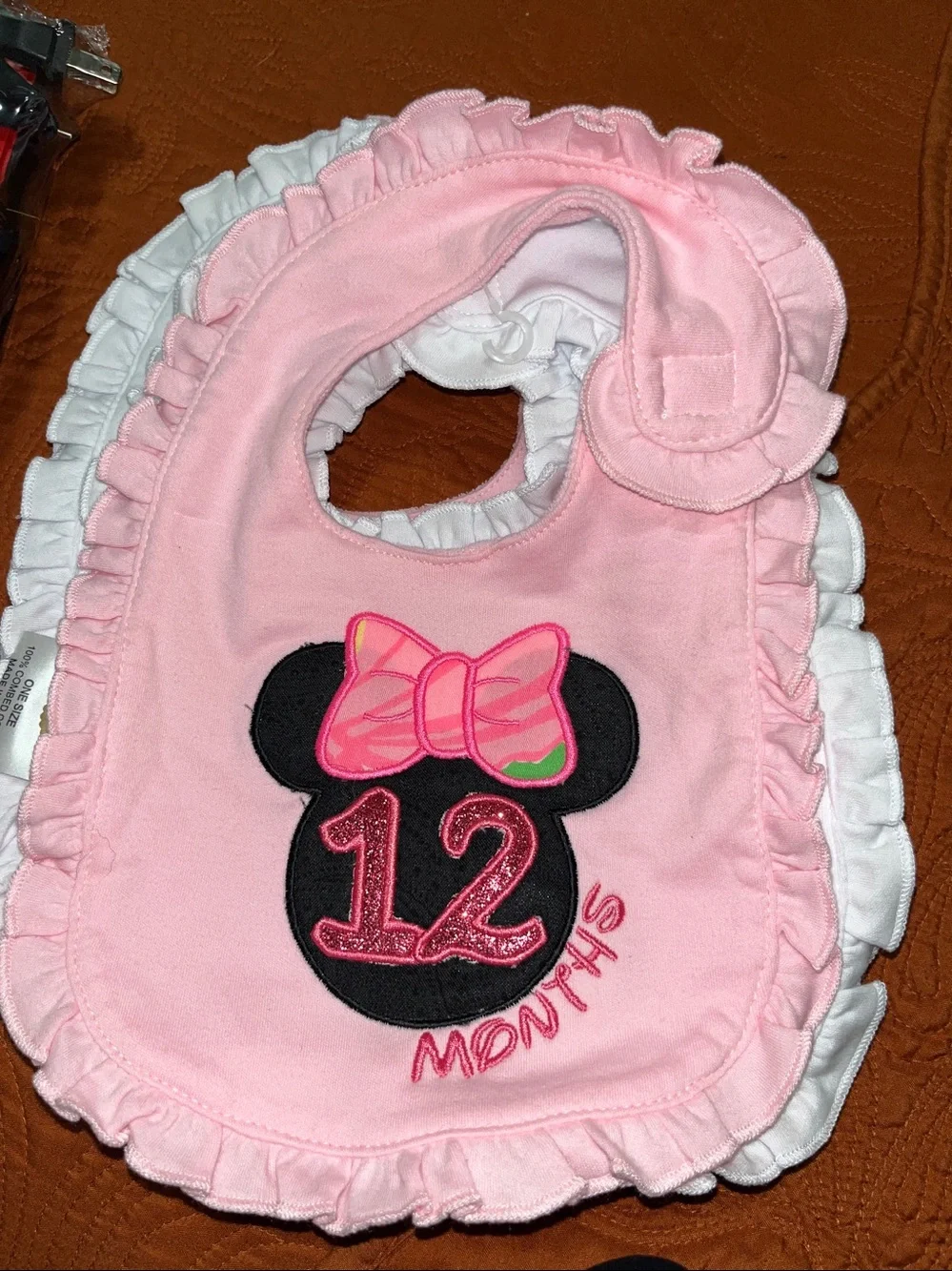 White Baby Bib with Pink Minnie Bow MONTHLY Embroidery